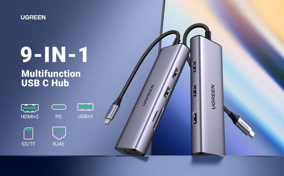 UGREEN 90119 9-in-1 USB-C Hub with Dual HDMI, Gigabit Ethernet, SD/TF slots, and 100W PD. - One Chip Computers UGREEN 90119 9-in-1 USB-C Hub with Dual HDMI, Gigabit Ethernet, SD/TF slots, and 100W PD.