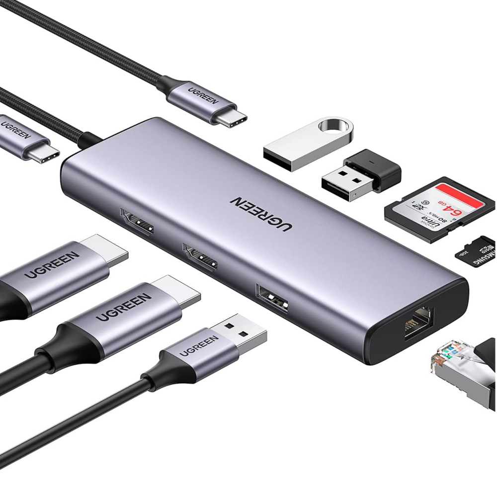 UGREEN 90119 9-in-1 USB-C Hub with Dual HDMI, Gigabit Ethernet, SD/TF slots, and 100W PD. - One Chip Computers UGREEN 90119 9-in-1 USB-C Hub with Dual HDMI, Gigabit Ethernet, SD/TF slots, and 100W PD.