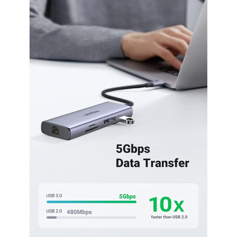 UGREEN 90119 9-in-1 USB-C Hub with Dual HDMI, Gigabit Ethernet, SD/TF slots, and 100W PD. - One Chip Computers UGREEN 90119 9-in-1 USB-C Hub with Dual HDMI, Gigabit Ethernet, SD/TF slots, and 100W PD.