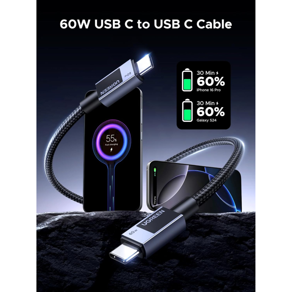 UGREEN-55775-USB-C-to-USB-C-Cable-60W-PD-Fast-Charging-2-Meter-02 - One Chip Computers