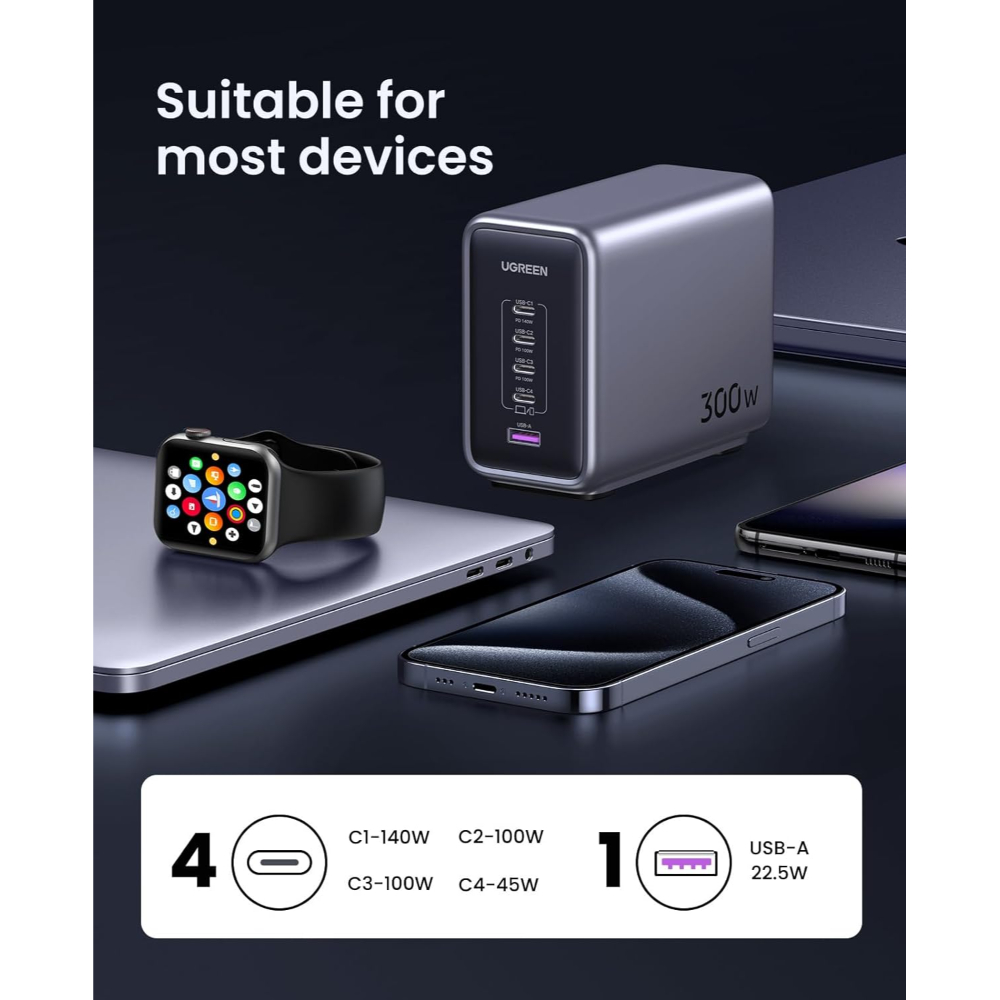Ugreen-90872-Nexode-300W-USB-C-GaN-Charger-5-Ports-Desktop-Charger66 - One Chip Computers