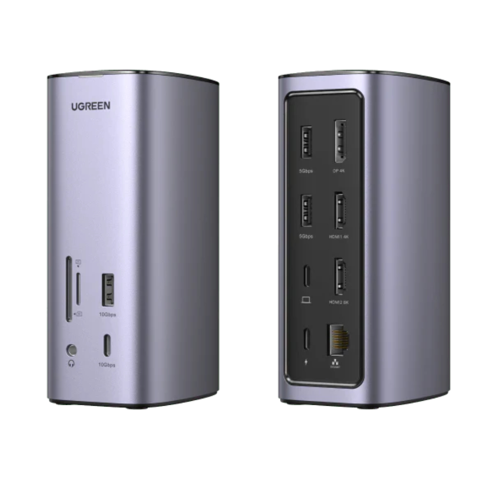 Triple Media Display + 10Gbps Speeds + 100W PD Equipped with two HDMI ports and one DisplayPort, the adapter delivers immersive ultra-high-definition output up to 8K resolution. In addition, the integrated RJ45 Gigabit Ethernet port provides a reliable, lag-free wired network connection for smooth virtual conferences and secure data operations. Because of this robust layout, network drops are completely eliminated. Furthermore, the 100W Power Delivery (PD 3.0) input keeps resource-heavy workstations charged continuously during extensive operations. Why Choose UGREEN 90325? Professionals prioritize the UGREEN 90325 due to its universal cross-platform compatibility across MacBook Air/Pro (including M1/M2/M3 chips) and premium Windows laptops. In contrast to ordinary hubs, this docking station supports both extended and mirror display modes across three monitors with superior thermal dissipation. However, its heavy-duty build quality guarantees stable, long-term operation under full processing loads. To browse more authentic components from this brand, explore our UGREEN Brand Page. Frequently Asked Questions (FAQs) Does the UGREEN 90325 support triple extended monitors on MacBooks? Yes, with the required DisplayLink driver installed, it supports true independent triple display extension on both macOS and Windows. What is the maximum resolution output of this docking station? The HDMI 2 port supports up to 8K at 30Hz on Windows (4K at 60Hz on macOS), while the remaining video ports support up to 4K at 60Hz. How fast are the data transfer ports on this device? It includes one USB-C 3.2 Gen 2 and one USB-A 3.2 Gen 2 port that deliver blazing speeds up to 10Gbps. Can I power a MacBook Pro using this station? Yes, it features a USB-C PD 3.0 charging port that supports up to 100W fast charging safely. Does it require any software installation for video output? Yes, expanding to triple displays and utilizing the network configuration requires installing the official DisplayLink driver. Technical Support & Inquiries We supply top-tier universal docking stations, multi-monitor adapters, and high-speed desktop peripherals tailored for demanding professional workflows. For bulk corporate procurement, pricing variants, or order management, please visit our main platform at One Chip Computers. Additionally, you can open our Contact Us section to receive direct support from our technical experts. - One Chip Computers