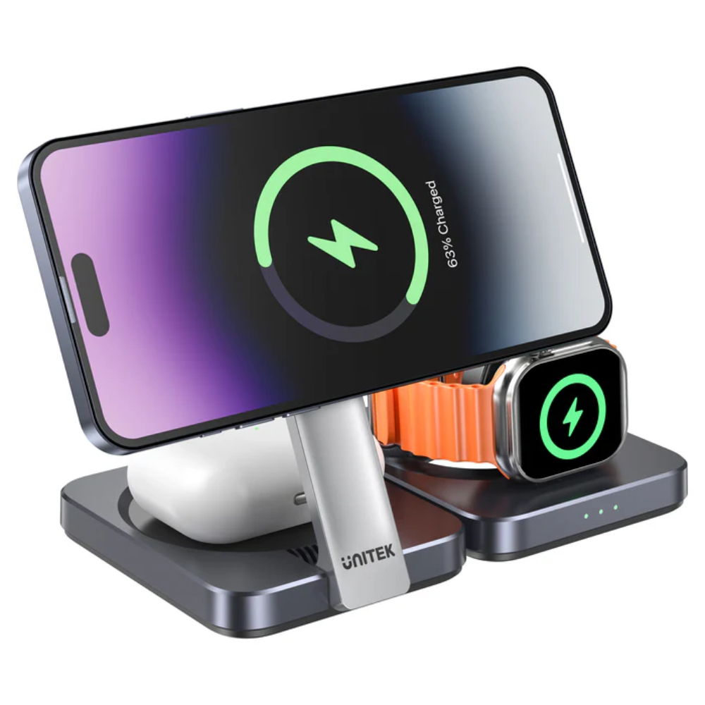 Unitek P1300AGY01 in folded position - One Chip Computers Unitek P1300AGY01 15W Qi2 Foldable 3-in-1 Charging Station