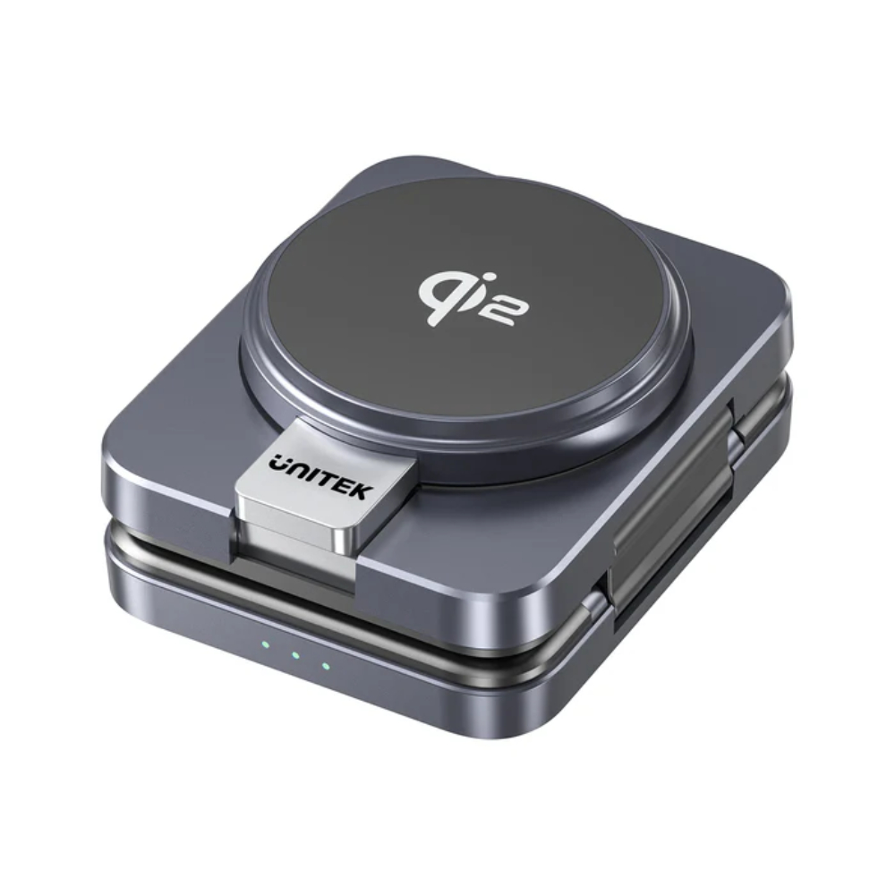 Unitek P1300AGY01 in folded position - One Chip Computers Unitek P1300AGY01 15W Qi2 Foldable 3-in-1 Charging Station