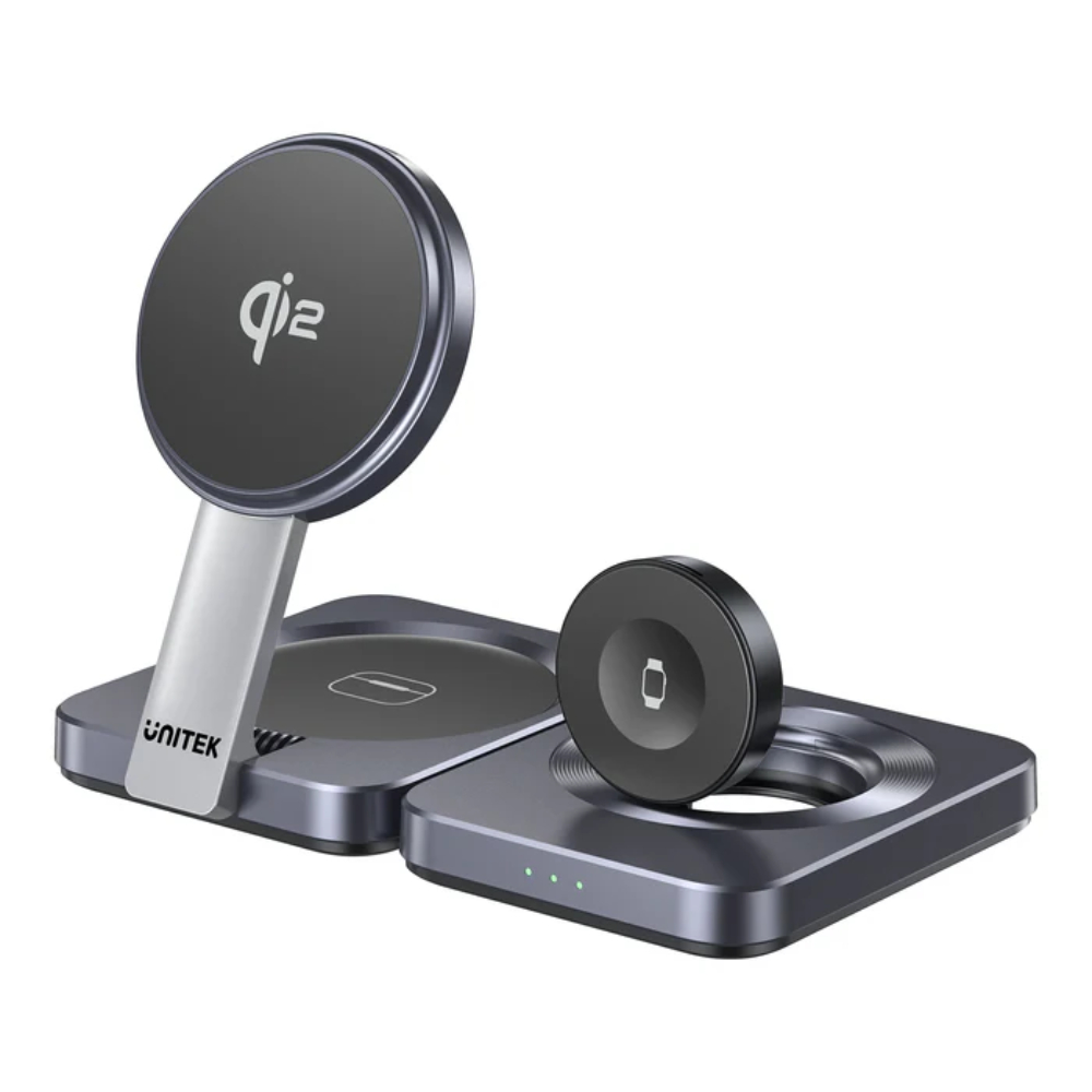 Unitek P1300AGY01 in folded position - One Chip Computers Unitek P1300AGY01 15W Qi2 Foldable 3-in-1 Charging Station