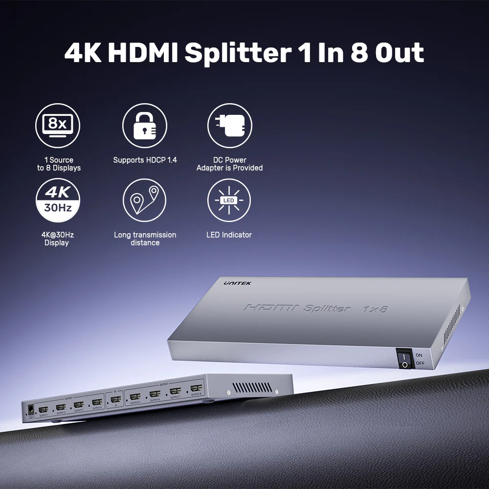 UNITEK-4K-HDMI-Splitter-1-in-8-Out-4K30Hz-Compatible-HDMI-14-02 - One Chip Computers