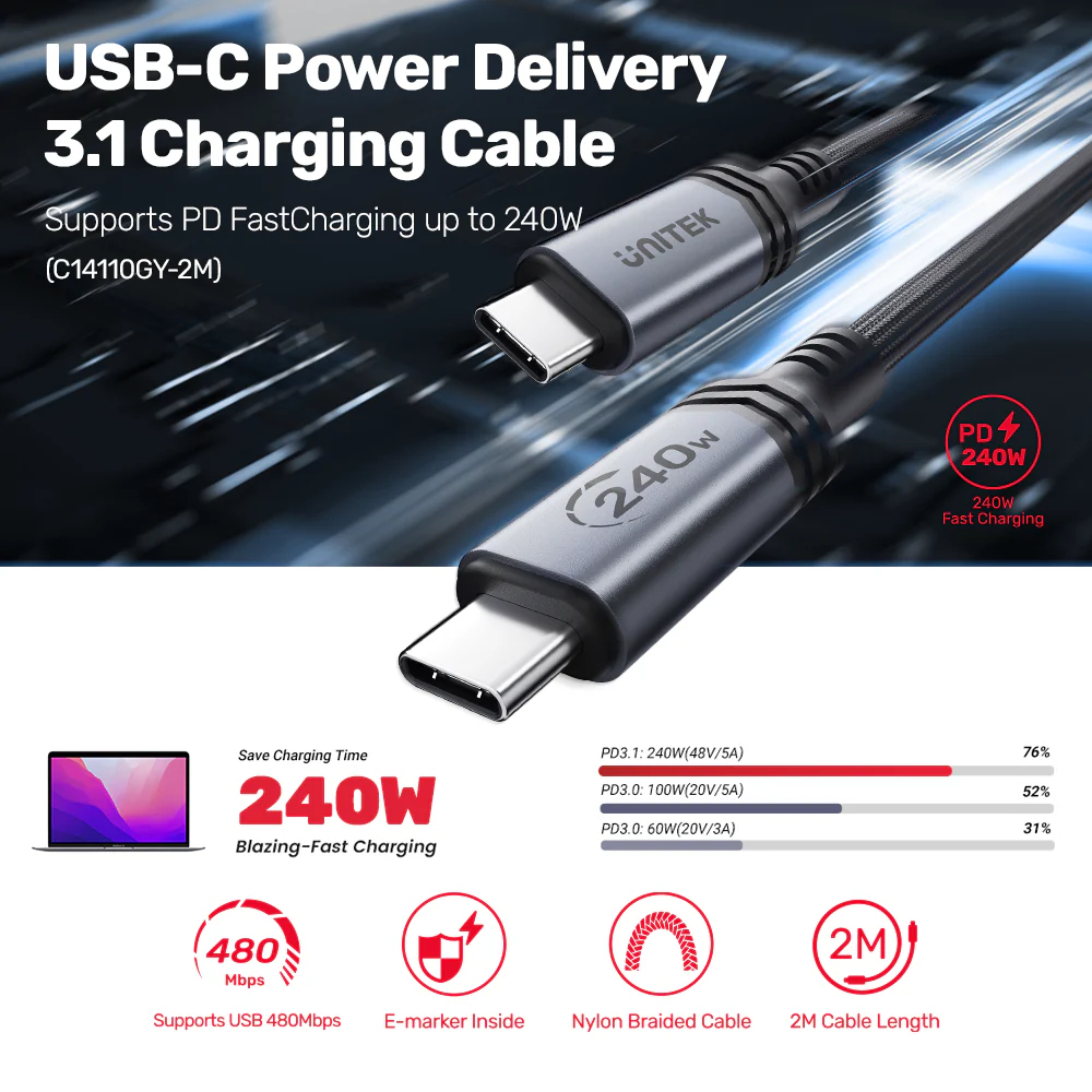 UNITEK-C14110GY-2M-240W-USB-C-to-USB-C-PD-31-Fast-Charging-Cable-06 - One Chip Computers