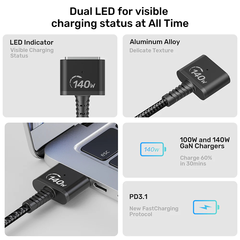 UNITEK-C14121BK-2M-USB-C-to-Magnetic-3-Charging-Cable-2-Meter-140W-07 - One Chip Computers
