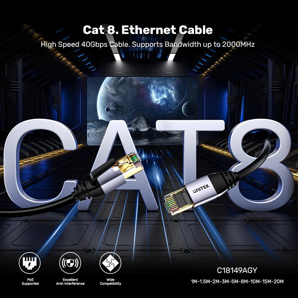 UNITEK-C18149AGY03-Cat-8-Ethernet-Cable-40Gbps-2000MHz-02 - One Chip Computers