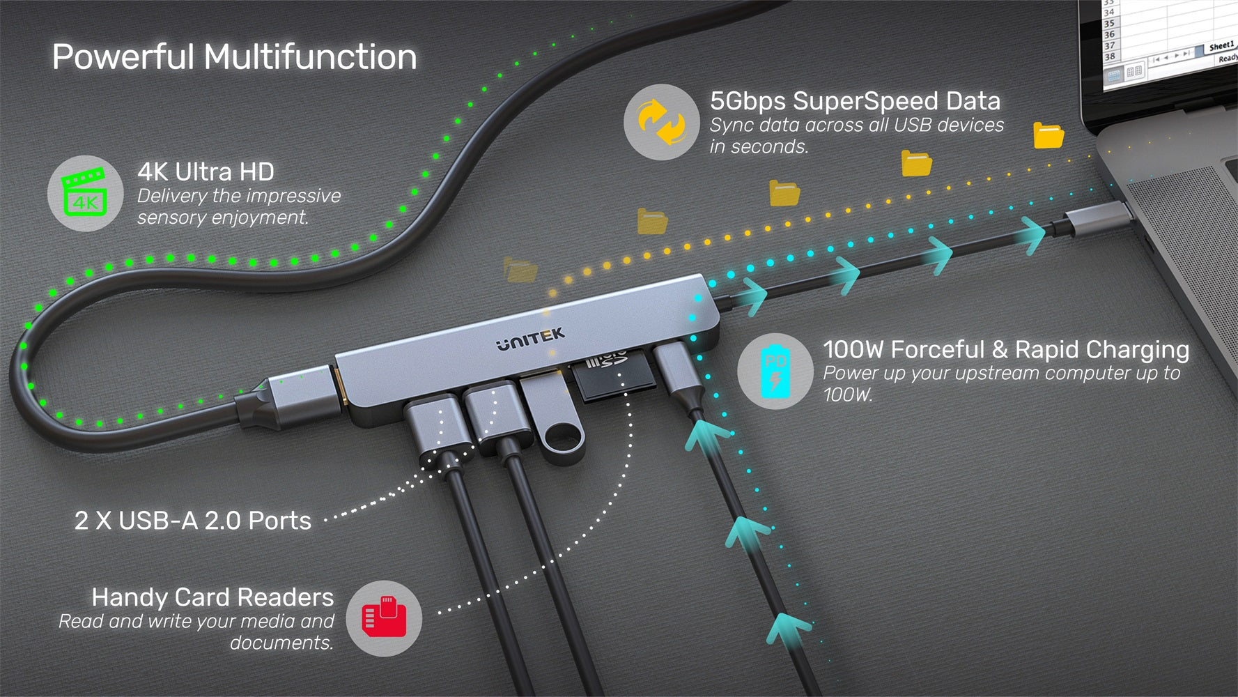 UNITEK H1118A1 - One Chip Computers Unitek H1118A 7-in-1 USB-C Hub with 4K HDMI and PD 100W