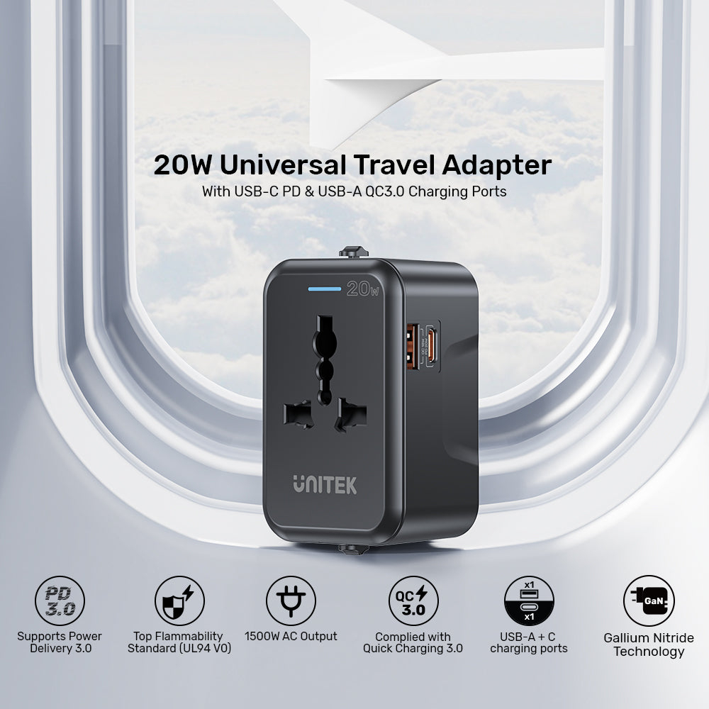 UNITEK-P1120ABK01-20W-Universal-Travel-Adapter-Dual-USB-C-PD-3 - One Chip Computers