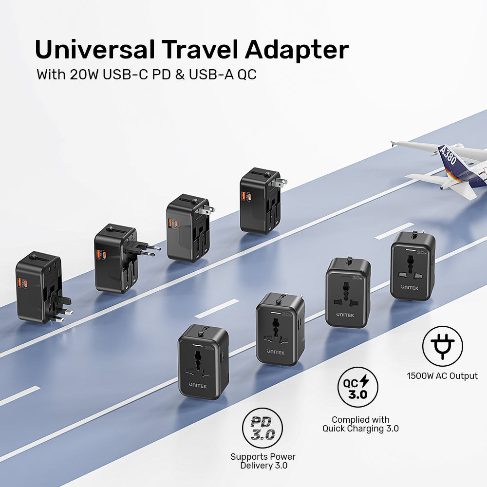 UNITEK-P1120ABK01-20W-Universal-Travel-Adapter-Dual-USB-C-PD-4 - One Chip Computers