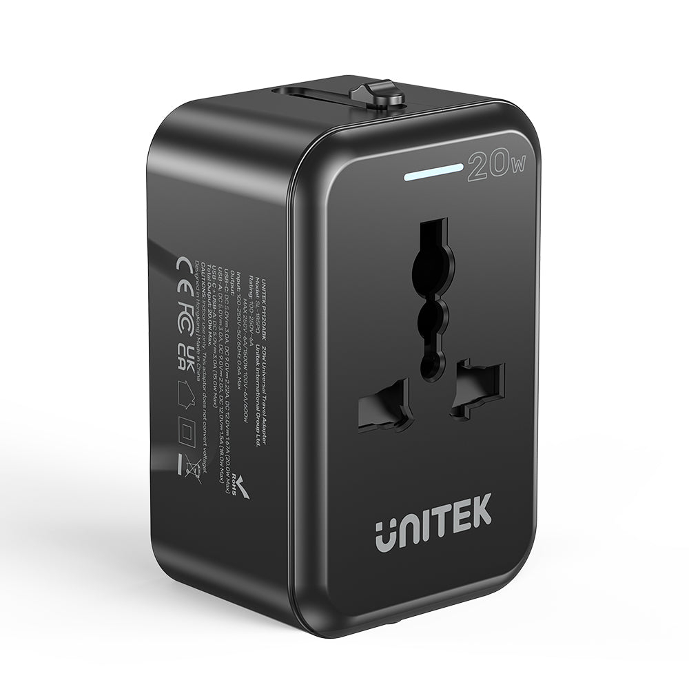 UNITEK-P1120ABK01-20W-Universal-Travel-Adapter-Dual-USB-C-PD-9 - One Chip Computers