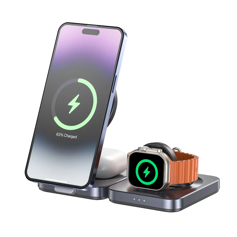 UNITEK-P1300AGY01-Qi2-Foldable-3-in-1-Charging-Station-15W-MagSafe-Wireless-Charger - One Chip Computers Unitek P1300AGY01 15W Qi2 Foldable 3-in-1 Charging Station