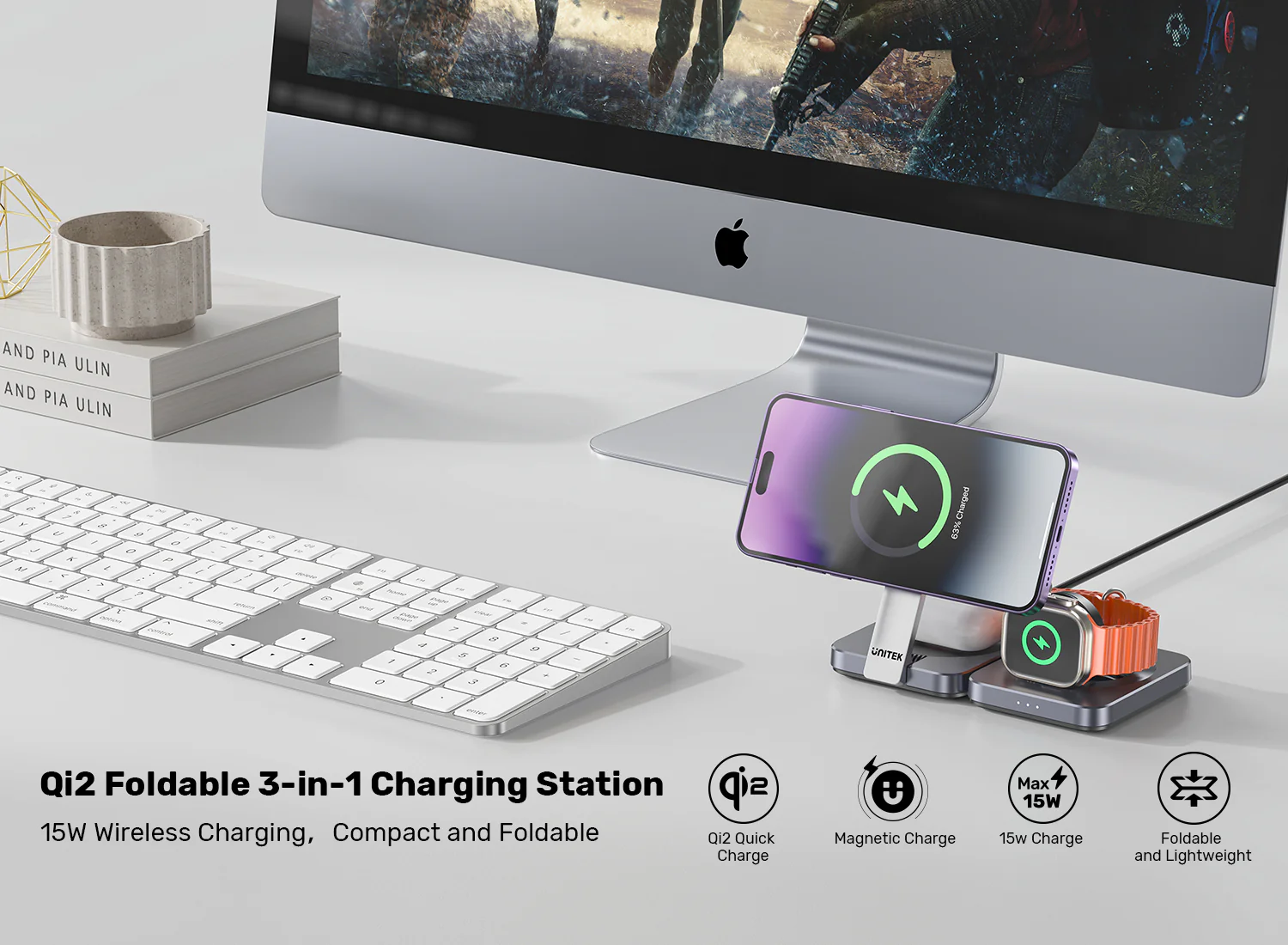 Unitek P1300AGY01 in folded position - One Chip Computers Unitek P1300AGY01 15W Qi2 Foldable 3-in-1 Charging Station