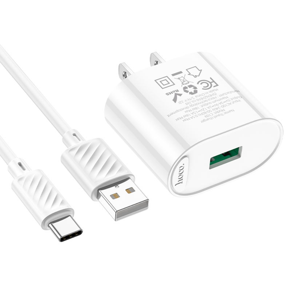 hoco-c109-fighter-single-port-qc3-wall-charger-us-set-usb-tc-connectors - One Chip Computers