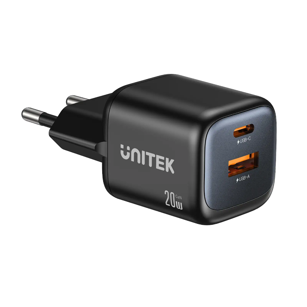 Unitek P1128ABK01-EU Zeno 20W GaN Wall Charger - One Chip Computers Unitek P1128ABK01-EU Zeno 20W Dual-Port GaN Wall Charger Black