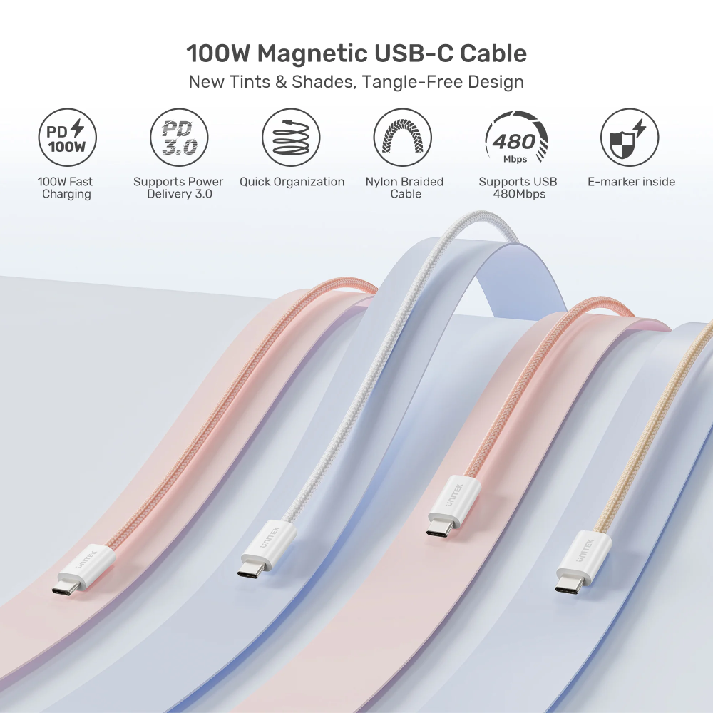 Unitek C14141ACL01-1M Magnetic USB-C M/M Cable 100W 1M Cream Latte - One Chip Computers Unitek C14141ACL01-1M Magnetic USB-C M/M Cable 100W 1M Cream Latte