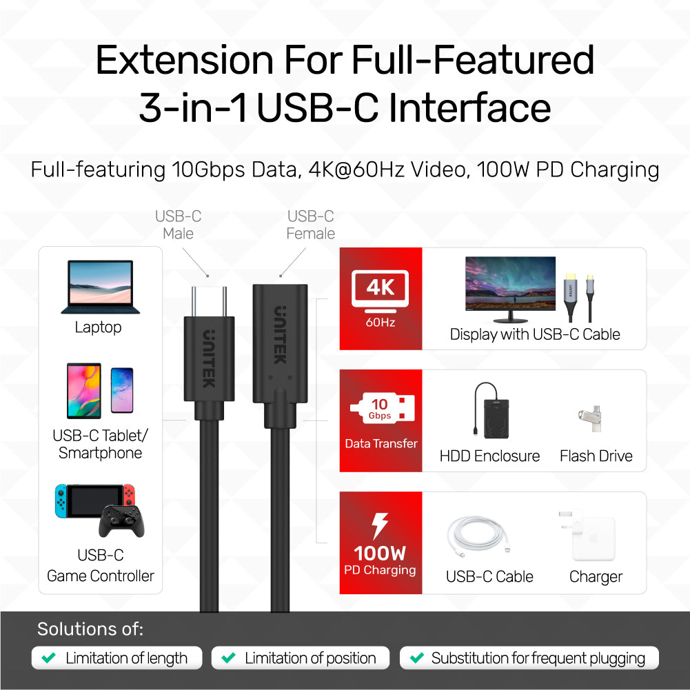 Unitek C14086BK-1.5M Full-Featured USB-C Extension Cable PD100W 4K@60Hz 1.5M