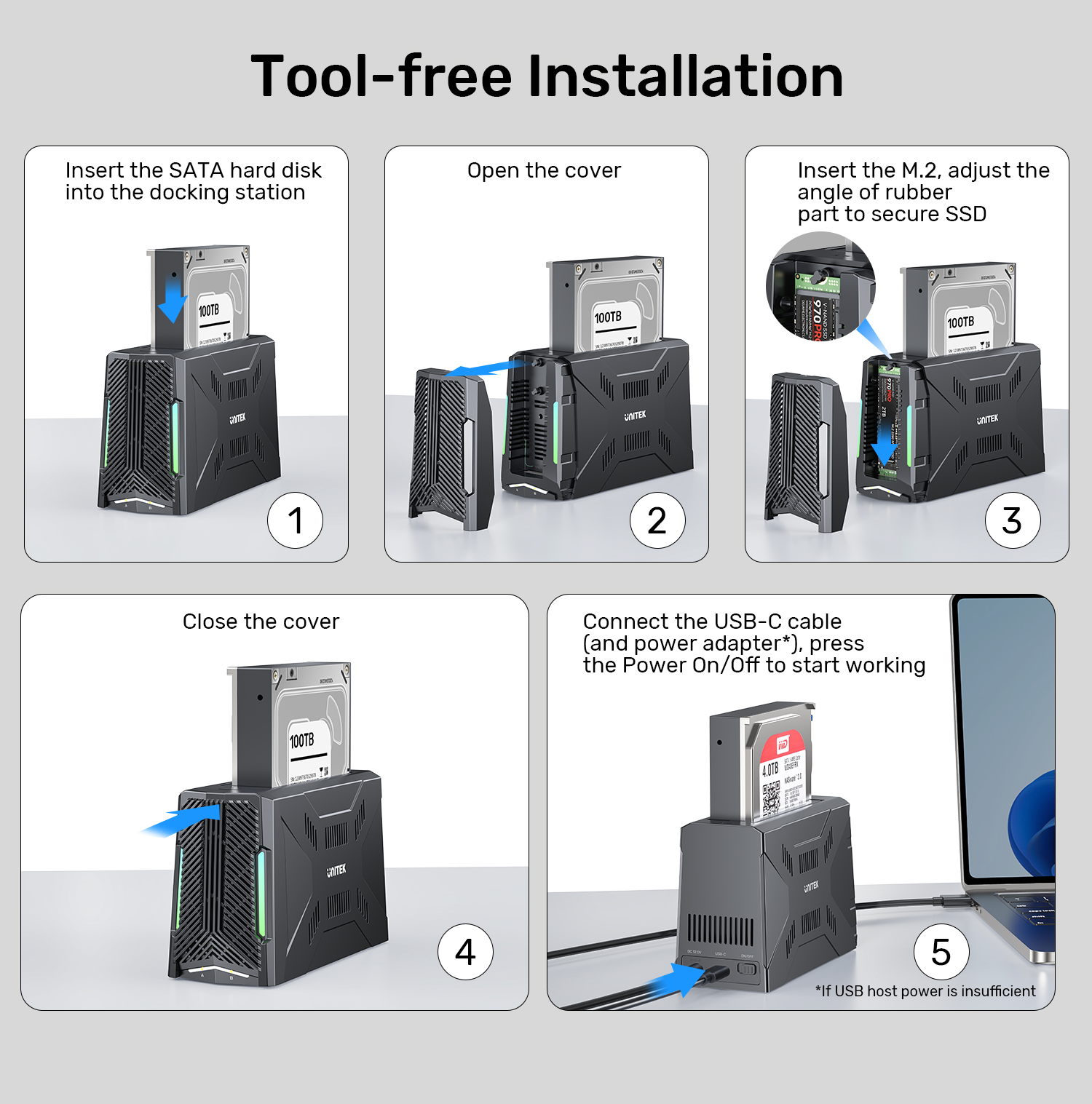 Unitek S1234B01-EU USB-C to M.2 NVMe & SATA HDD/SSD Docking Station