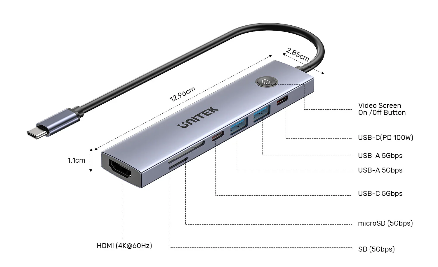 Unitek H1124AGY01 uHUB S7 Pro 7-in-1 USB-C Hub with HDMI PD 100W