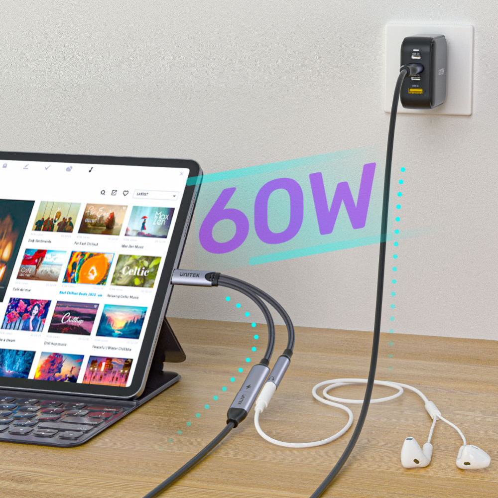 UNITEK M205A USB-C TO 35MM AUDIO JACK4 - One Chip Computers Unitek M205A USB-C to 3.5mm Audio Jack & PD 60W Charging Adapter