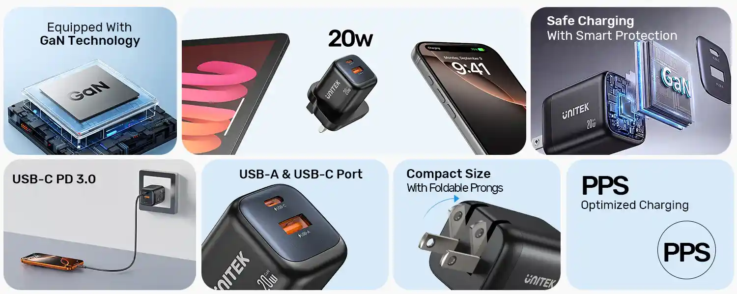 UNITEK P1128ABK01 ZENO 20W Dual-Port GaN Wall Charger 