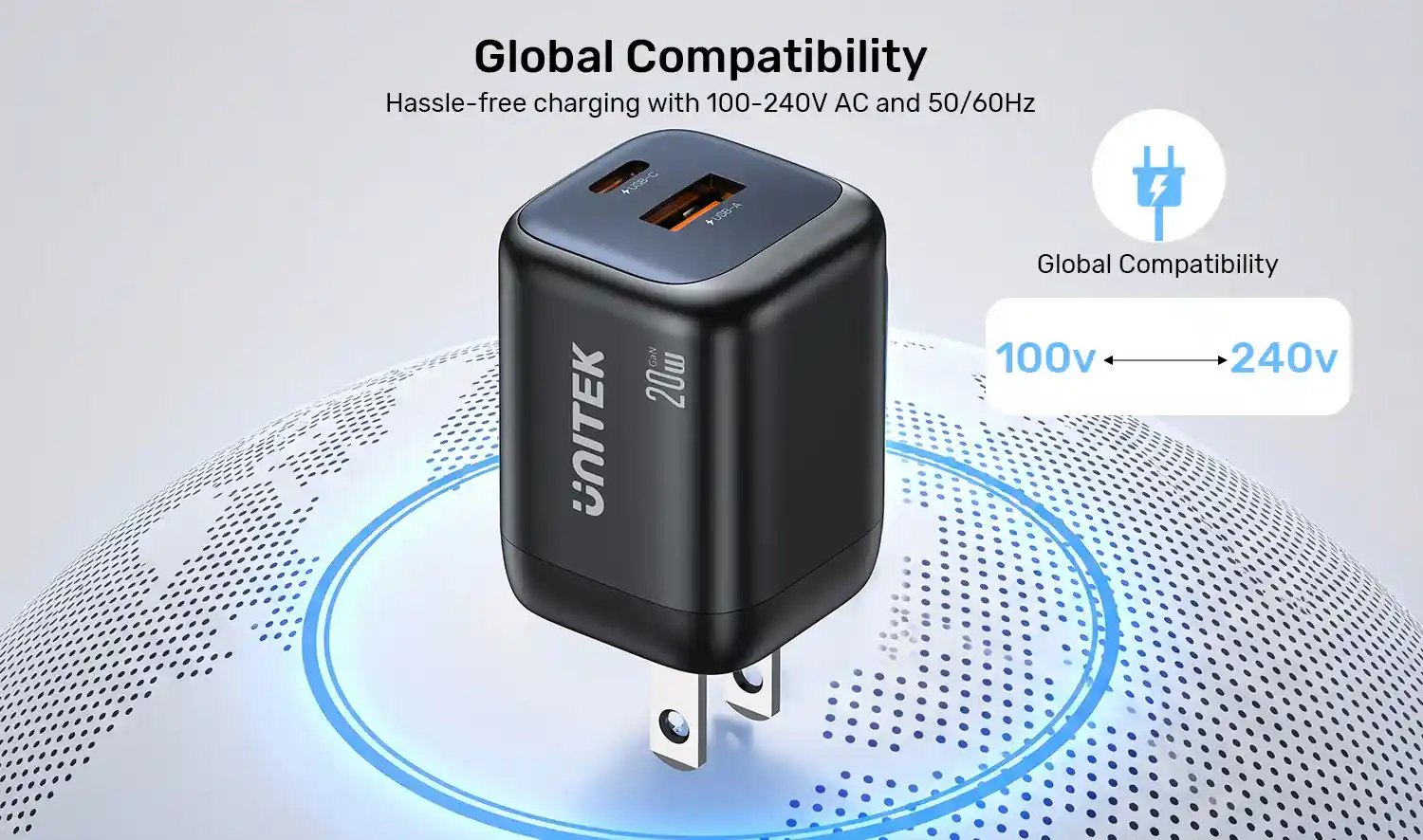 UNITEK P1128ABK01 ZENO 20W Dual-Port GaN Wall Charger 