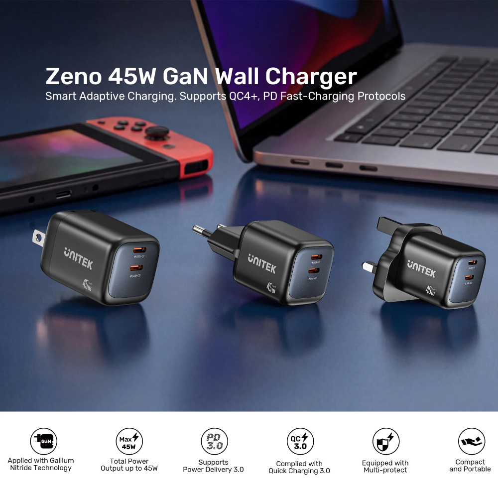 UNITEK-P1129ABK01-EU-Zeno-45W-GaN-Wall-Charger-EU-Plug-Black-02 - One Chip Computers