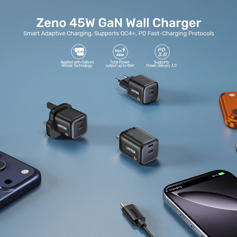 UNITEK-P1129ABK01-EU-Zeno-45W-GaN-Wall-Charger-EU-Plug-Black-03 - One Chip Computers