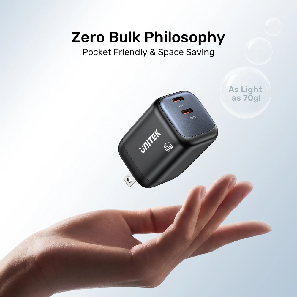 UNITEK-P1129ABK01-EU-Zeno-45W-GaN-Wall-Charger-EU-Plug-Black-04 - One Chip Computers