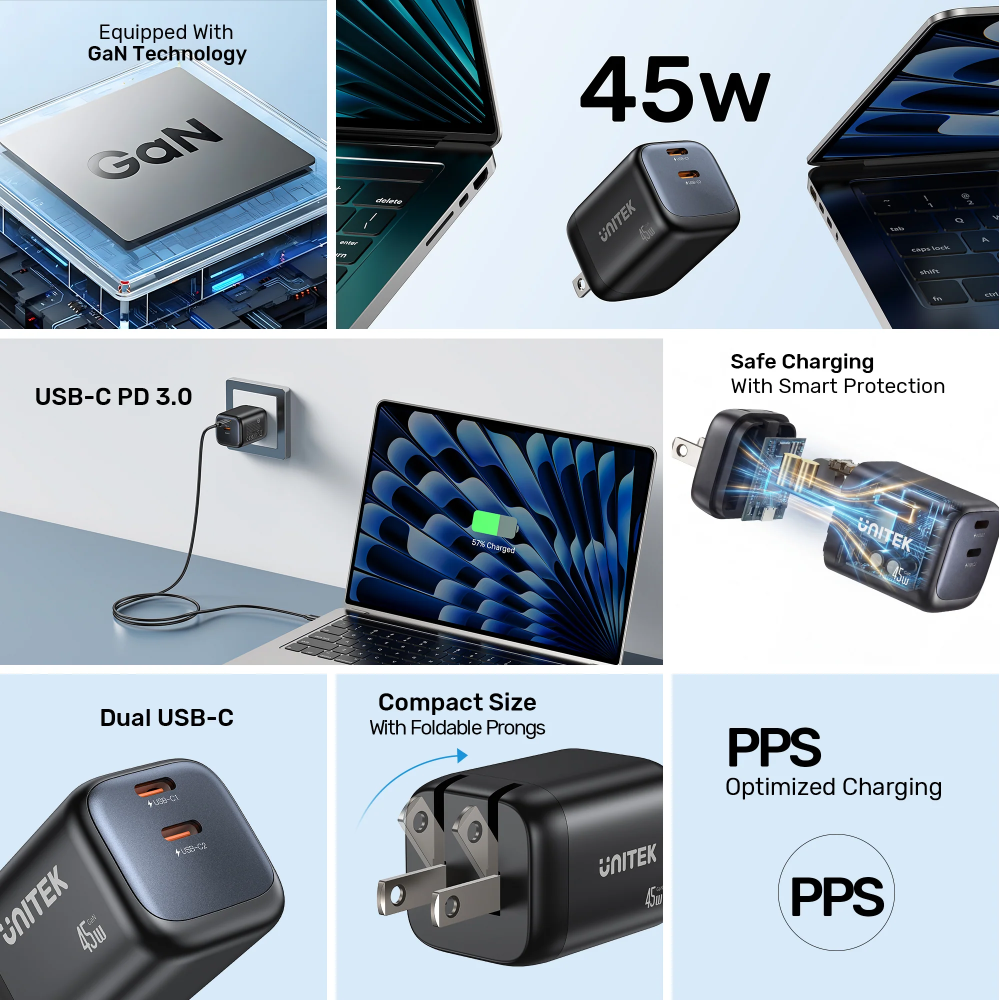 UNITEK-P1129ABK01-EU-Zeno-45W-GaN-Wall-Charger-EU-Plug-Black-05 - One Chip Computers