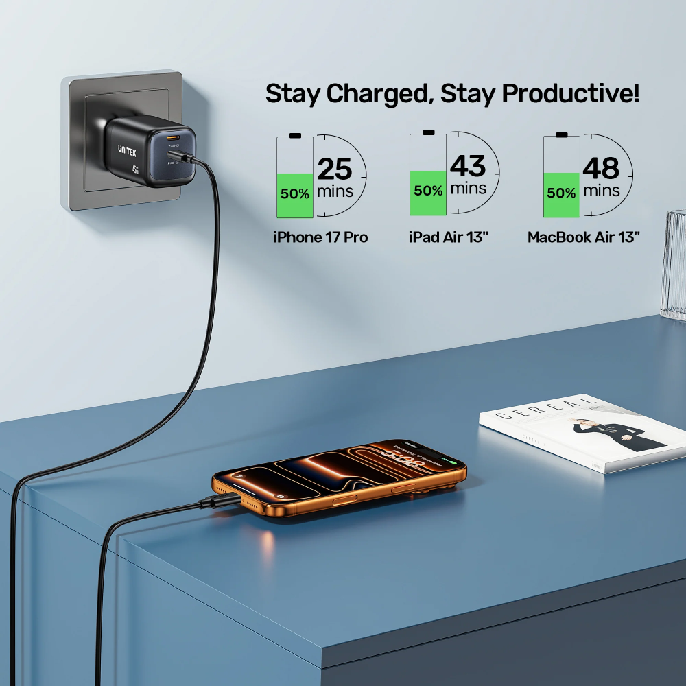 UNITEK-P1129ABK01-EU-Zeno-45W-GaN-Wall-Charger-EU-Plug-Black-07 - One Chip Computers