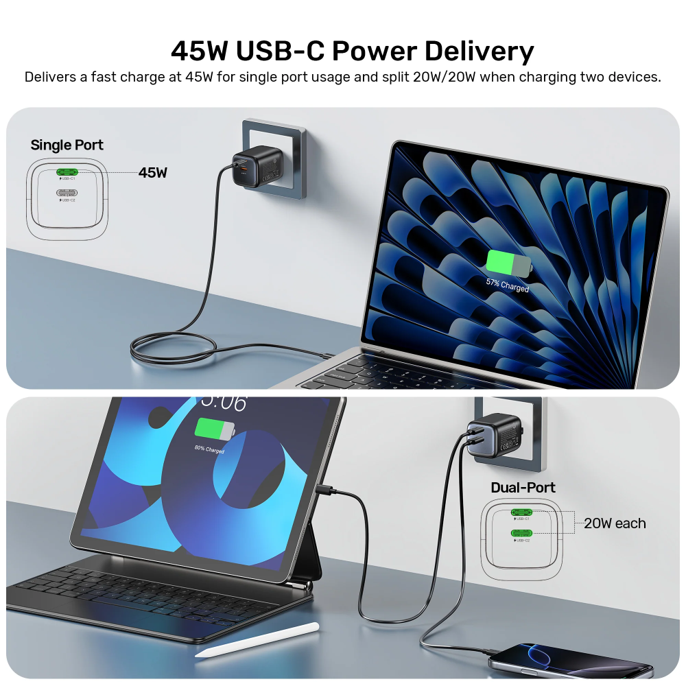 UNITEK-P1129ABK01-EU-Zeno-45W-GaN-Wall-Charger-EU-Plug-Black-08 - One Chip Computers