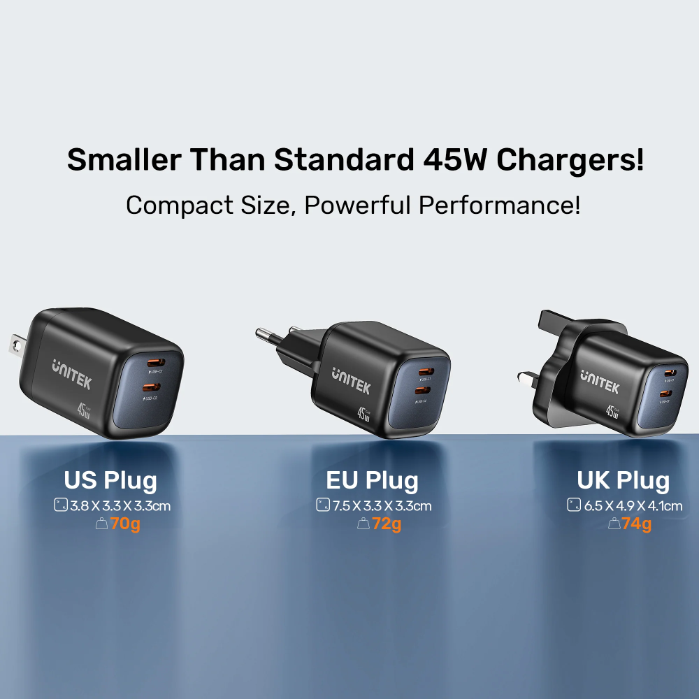 UNITEK-P1129ABK01-EU-Zeno-45W-GaN-Wall-Charger-EU-Plug-Black-13 - One Chip Computers