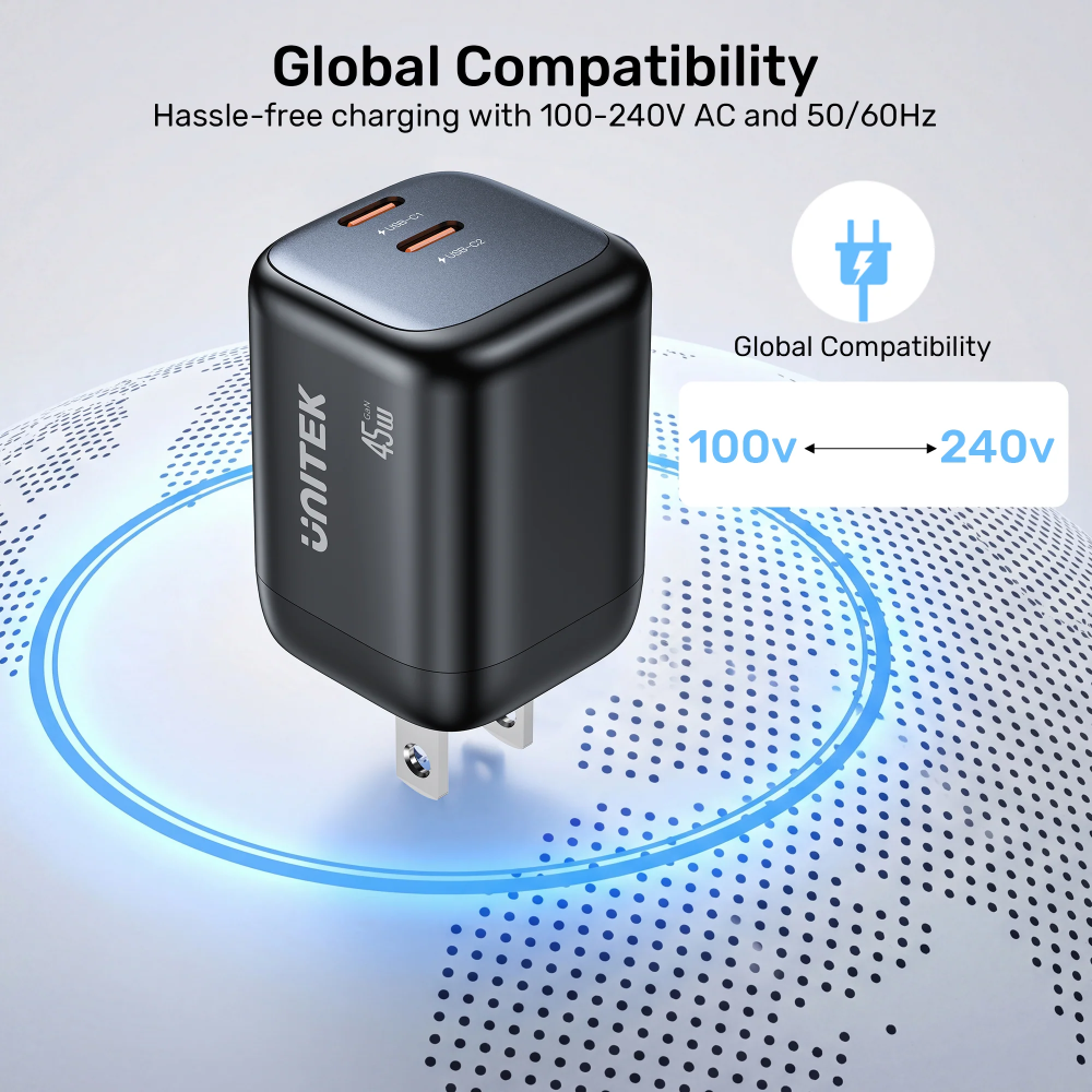 UNITEK-P1129ABK01-EU-Zeno-45W-GaN-Wall-Charger-EU-Plug-Black-16 - One Chip Computers