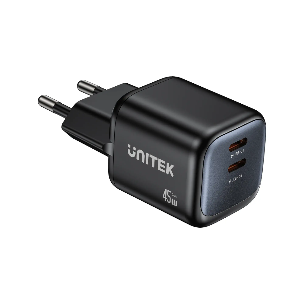 UNITEK-P1129ABK01-EU-Zeno-45W-GaN-Wall-Charger-EU-Plug-Black - One Chip Computers Unitek P1129ABK01 45W GaN Wall Charger dual-port fast charger black