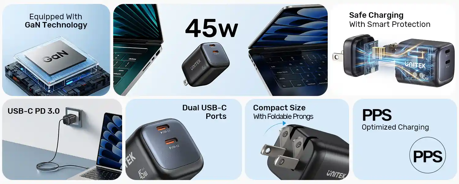 UNITEK P1129ABK01-EU Zeno 45W GaN Wall Charger Overview The UNITEK P1129ABK01-EU is a Zeno 45W GaN wall charger. It has 2 USB-C ports. Also, it uses a zero-bulk, eco-friendly build. This 45W charger suits home, office, and travel use. Moreover, its small size fits easily into any bag. Furthermore, it charges phones, tablets, and small devices fast. Therefore, it works as a handy daily charging companion. Fast Single and Dual-Port Charging This charger gives up to 45W on a single port. As a result, it charges phones and tablets fast on their own. Also, both ports together split power evenly at 20W each. So, you can charge two devices at a steady speed. Furthermore, smart tech identifies each device you plug in. Therefore, it gives efficient, tailored charging every time. Wide Fast Charging Compatibility This charger supports many fast charging types. For instance, it works with Samsung SFC2.0, PD3.0, and QC4+/3.0. Also, it supports FCP, AFC, and Apple 2.4A standards. So, it charges most phones and tablets well. Moreover, it charges an iPhone Pro Max to 50% in about 32 minutes. Therefore, it suits users who need quick charging on the go. Compact and Travel-Ready Design This charger uses a small, eco-friendly build. As a result, it takes up little space in your bag. Also, it works with global voltage from 100-240V AC. So, you can use it in most countries while traveling. Furthermore, it turns back on after any fault clears on its own. Therefore, it stays safe through daily and travel use alike. Key Features at a Glance Dual USB-C Ports: 45W single-port or 20W/20W split when charging two devices. Wide Protocol Support: Compatible with Samsung SFC2.0, PD3.0, QC4+/3.0, FCP, and AFC. Zero-Bulk Design: Small, eco-friendly build ideal for travel and daily carry. Global Voltage Support: Works with 100-240V AC in most countries worldwide. Fast Recovery Protection: Turns back on after fault conditions clear. Built-In Safety Features: Guards against over-current, over-voltage, and short-circuit. Why Choose the UNITEK P1129ABK01-EU? This charger solves a common daily problem well. For instance, many people carry a phone and tablet together. Also, most bags have little room for bulky chargers. This small GaN charger fits easily into any pocket. Moreover, its smart charging keeps devices safe and efficient. So, you get fast, steady power without extra bulk. Therefore, it offers real value for travelers and busy users alike. Technical Specifications Model: UNITEK P1129ABK01-EU Type: Zeno 45W GaN Wall Charger, Dual Port Ports: 2 x USB-C Single-Port Output: Up to 45W Dual-Port Output: 20W + 20W (split evenly) Fast Charging Support: Samsung SFC2.0, PD3.0, QC4+/3.0, FCP, AFC, Apple 2.4A Input Voltage: 100-240V AC, 50/60Hz Build Material: Eco-friendly PC casing Plug Type: EU Safety Features: Over-current, over-voltage, short-circuit, and over-temperature protection with auto-recovery What's in the Box UNITEK P1129ABK01-EU Zeno 45W GaN Wall Charger Frequently Asked Questions About the UNITEK P1129ABK01-EU Can I charge two devices at the same time? Yes, you can. Both ports split power evenly at 20W each. How fast can this charger power a single device? A single port gives up to 45W for fast charging. What fast charging standards does this support? It supports Samsung SFC2.0, PD3.0, QC4+/3.0, FCP, AFC, and Apple 2.4A. Is this charger suitable for international travel? Yes, it is. It works with 100-240V AC voltage in most countries. How compact is this charger? It uses a small, eco-friendly design. So, it fits easily into pockets and bags. Is this charger safe for daily use? Yes, it is. It has over-current, over-voltage, and short-circuit protection with auto-recovery. Can this charger power a tablet? Yes, it can. The 45W single-port output suits most phones and tablets well. Do you provide warranty on this product? Yes, we do. Also, this product ships fast across Pakistan. Fast Delivery & Customer Support Buy the UNITEK P1129ABK01-EU today. Also, order from One Chip Computers direct. We sell only genuine parts here. Furthermore, we back every order with warranty. Delivery stays fast across Pakistan. So, shop here with full trust.