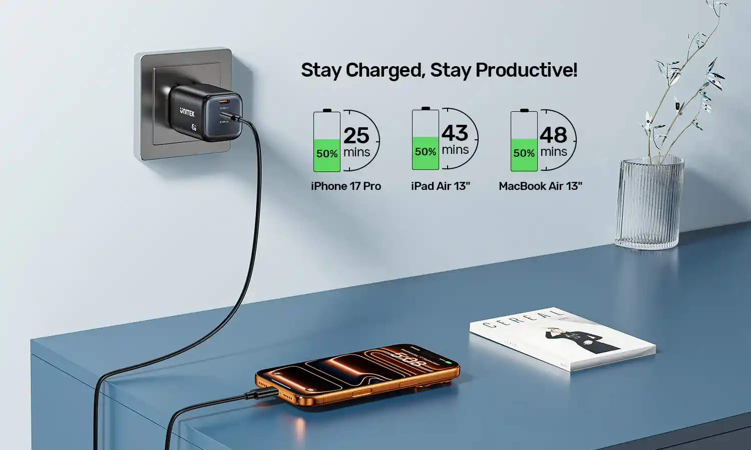UNITEK P1129ABK01-EU Zeno 45W GaN Wall Charger Overview The UNITEK P1129ABK01-EU is a Zeno 45W GaN wall charger. It has 2 USB-C ports. Also, it uses a zero-bulk, eco-friendly build. This 45W charger suits home, office, and travel use. Moreover, its small size fits easily into any bag. Furthermore, it charges phones, tablets, and small devices fast. Therefore, it works as a handy daily charging companion. Fast Single and Dual-Port Charging This charger gives up to 45W on a single port. As a result, it charges phones and tablets fast on their own. Also, both ports together split power evenly at 20W each. So, you can charge two devices at a steady speed. Furthermore, smart tech identifies each device you plug in. Therefore, it gives efficient, tailored charging every time. Wide Fast Charging Compatibility This charger supports many fast charging types. For instance, it works with Samsung SFC2.0, PD3.0, and QC4+/3.0. Also, it supports FCP, AFC, and Apple 2.4A standards. So, it charges most phones and tablets well. Moreover, it charges an iPhone Pro Max to 50% in about 32 minutes. Therefore, it suits users who need quick charging on the go. Compact and Travel-Ready Design This charger uses a small, eco-friendly build. As a result, it takes up little space in your bag. Also, it works with global voltage from 100-240V AC. So, you can use it in most countries while traveling. Furthermore, it turns back on after any fault clears on its own. Therefore, it stays safe through daily and travel use alike. Key Features at a Glance Dual USB-C Ports: 45W single-port or 20W/20W split when charging two devices. Wide Protocol Support: Compatible with Samsung SFC2.0, PD3.0, QC4+/3.0, FCP, and AFC. Zero-Bulk Design: Small, eco-friendly build ideal for travel and daily carry. Global Voltage Support: Works with 100-240V AC in most countries worldwide. Fast Recovery Protection: Turns back on after fault conditions clear. Built-In Safety Features: Guards against over-current, over-voltage, and short-circuit. Why Choose the UNITEK P1129ABK01-EU? This charger solves a common daily problem well. For instance, many people carry a phone and tablet together. Also, most bags have little room for bulky chargers. This small GaN charger fits easily into any pocket. Moreover, its smart charging keeps devices safe and efficient. So, you get fast, steady power without extra bulk. Therefore, it offers real value for travelers and busy users alike. Technical Specifications Model: UNITEK P1129ABK01-EU Type: Zeno 45W GaN Wall Charger, Dual Port Ports: 2 x USB-C Single-Port Output: Up to 45W Dual-Port Output: 20W + 20W (split evenly) Fast Charging Support: Samsung SFC2.0, PD3.0, QC4+/3.0, FCP, AFC, Apple 2.4A Input Voltage: 100-240V AC, 50/60Hz Build Material: Eco-friendly PC casing Plug Type: EU Safety Features: Over-current, over-voltage, short-circuit, and over-temperature protection with auto-recovery What's in the Box UNITEK P1129ABK01-EU Zeno 45W GaN Wall Charger Frequently Asked Questions About the UNITEK P1129ABK01-EU Can I charge two devices at the same time? Yes, you can. Both ports split power evenly at 20W each. How fast can this charger power a single device? A single port gives up to 45W for fast charging. What fast charging standards does this support? It supports Samsung SFC2.0, PD3.0, QC4+/3.0, FCP, AFC, and Apple 2.4A. Is this charger suitable for international travel? Yes, it is. It works with 100-240V AC voltage in most countries. How compact is this charger? It uses a small, eco-friendly design. So, it fits easily into pockets and bags. Is this charger safe for daily use? Yes, it is. It has over-current, over-voltage, and short-circuit protection with auto-recovery. Can this charger power a tablet? Yes, it can. The 45W single-port output suits most phones and tablets well. Do you provide warranty on this product? Yes, we do. Also, this product ships fast across Pakistan. Fast Delivery & Customer Support Buy the UNITEK P1129ABK01-EU today. Also, order from One Chip Computers direct. We sell only genuine parts here. Furthermore, we back every order with warranty. Delivery stays fast across Pakistan. So, shop here with full trust.