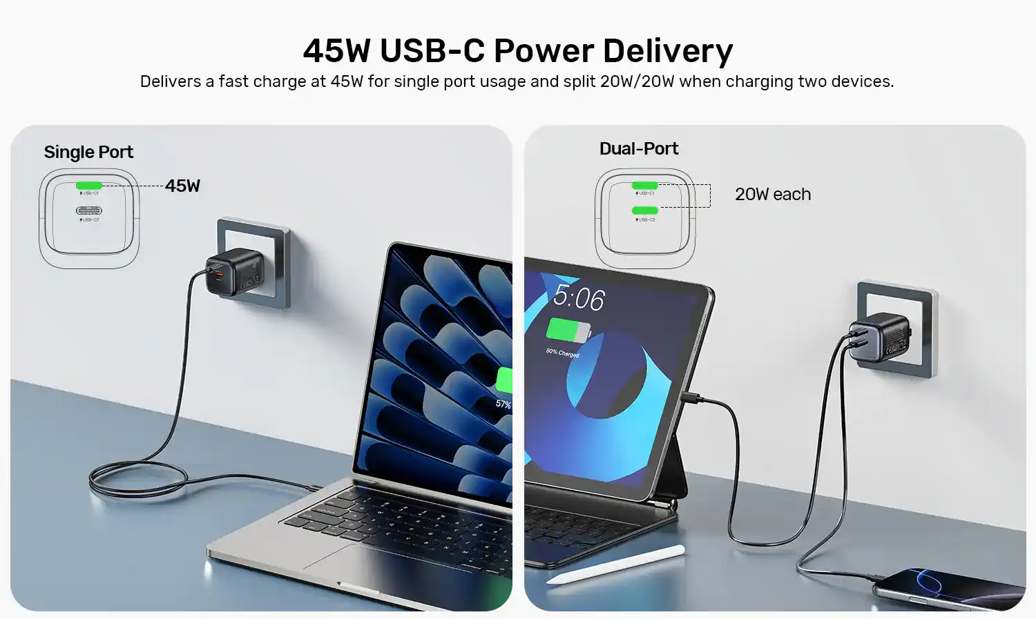 UNITEK P1129ABK01-EU Zeno 45W GaN Wall Charger Overview The UNITEK P1129ABK01-EU is a Zeno 45W GaN wall charger. It has 2 USB-C ports. Also, it uses a zero-bulk, eco-friendly build. This 45W charger suits home, office, and travel use. Moreover, its small size fits easily into any bag. Furthermore, it charges phones, tablets, and small devices fast. Therefore, it works as a handy daily charging companion. Fast Single and Dual-Port Charging This charger gives up to 45W on a single port. As a result, it charges phones and tablets fast on their own. Also, both ports together split power evenly at 20W each. So, you can charge two devices at a steady speed. Furthermore, smart tech identifies each device you plug in. Therefore, it gives efficient, tailored charging every time. Wide Fast Charging Compatibility This charger supports many fast charging types. For instance, it works with Samsung SFC2.0, PD3.0, and QC4+/3.0. Also, it supports FCP, AFC, and Apple 2.4A standards. So, it charges most phones and tablets well. Moreover, it charges an iPhone Pro Max to 50% in about 32 minutes. Therefore, it suits users who need quick charging on the go. Compact and Travel-Ready Design This charger uses a small, eco-friendly build. As a result, it takes up little space in your bag. Also, it works with global voltage from 100-240V AC. So, you can use it in most countries while traveling. Furthermore, it turns back on after any fault clears on its own. Therefore, it stays safe through daily and travel use alike. Key Features at a Glance Dual USB-C Ports: 45W single-port or 20W/20W split when charging two devices. Wide Protocol Support: Compatible with Samsung SFC2.0, PD3.0, QC4+/3.0, FCP, and AFC. Zero-Bulk Design: Small, eco-friendly build ideal for travel and daily carry. Global Voltage Support: Works with 100-240V AC in most countries worldwide. Fast Recovery Protection: Turns back on after fault conditions clear. Built-In Safety Features: Guards against over-current, over-voltage, and short-circuit. Why Choose the UNITEK P1129ABK01-EU? This charger solves a common daily problem well. For instance, many people carry a phone and tablet together. Also, most bags have little room for bulky chargers. This small GaN charger fits easily into any pocket. Moreover, its smart charging keeps devices safe and efficient. So, you get fast, steady power without extra bulk. Therefore, it offers real value for travelers and busy users alike. Technical Specifications Model: UNITEK P1129ABK01-EU Type: Zeno 45W GaN Wall Charger, Dual Port Ports: 2 x USB-C Single-Port Output: Up to 45W Dual-Port Output: 20W + 20W (split evenly) Fast Charging Support: Samsung SFC2.0, PD3.0, QC4+/3.0, FCP, AFC, Apple 2.4A Input Voltage: 100-240V AC, 50/60Hz Build Material: Eco-friendly PC casing Plug Type: EU Safety Features: Over-current, over-voltage, short-circuit, and over-temperature protection with auto-recovery What's in the Box UNITEK P1129ABK01-EU Zeno 45W GaN Wall Charger Frequently Asked Questions About the UNITEK P1129ABK01-EU Can I charge two devices at the same time? Yes, you can. Both ports split power evenly at 20W each. How fast can this charger power a single device? A single port gives up to 45W for fast charging. What fast charging standards does this support? It supports Samsung SFC2.0, PD3.0, QC4+/3.0, FCP, AFC, and Apple 2.4A. Is this charger suitable for international travel? Yes, it is. It works with 100-240V AC voltage in most countries. How compact is this charger? It uses a small, eco-friendly design. So, it fits easily into pockets and bags. Is this charger safe for daily use? Yes, it is. It has over-current, over-voltage, and short-circuit protection with auto-recovery. Can this charger power a tablet? Yes, it can. The 45W single-port output suits most phones and tablets well. Do you provide warranty on this product? Yes, we do. Also, this product ships fast across Pakistan. Fast Delivery & Customer Support Buy the UNITEK P1129ABK01-EU today. Also, order from One Chip Computers direct. We sell only genuine parts here. Furthermore, we back every order with warranty. Delivery stays fast across Pakistan. So, shop here with full trust.