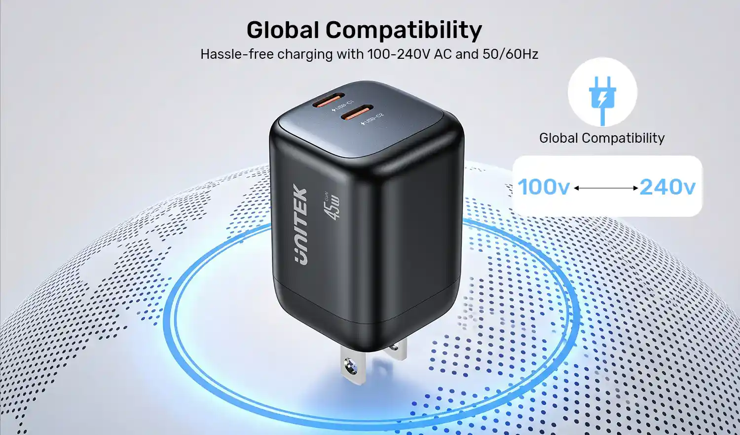 UNITEK P1129ABK01-EU Zeno 45W GaN Wall Charger Overview The UNITEK P1129ABK01-EU is a Zeno 45W GaN wall charger. It has 2 USB-C ports. Also, it uses a zero-bulk, eco-friendly build. This 45W charger suits home, office, and travel use. Moreover, its small size fits easily into any bag. Furthermore, it charges phones, tablets, and small devices fast. Therefore, it works as a handy daily charging companion. Fast Single and Dual-Port Charging This charger gives up to 45W on a single port. As a result, it charges phones and tablets fast on their own. Also, both ports together split power evenly at 20W each. So, you can charge two devices at a steady speed. Furthermore, smart tech identifies each device you plug in. Therefore, it gives efficient, tailored charging every time. Wide Fast Charging Compatibility This charger supports many fast charging types. For instance, it works with Samsung SFC2.0, PD3.0, and QC4+/3.0. Also, it supports FCP, AFC, and Apple 2.4A standards. So, it charges most phones and tablets well. Moreover, it charges an iPhone Pro Max to 50% in about 32 minutes. Therefore, it suits users who need quick charging on the go. Compact and Travel-Ready Design This charger uses a small, eco-friendly build. As a result, it takes up little space in your bag. Also, it works with global voltage from 100-240V AC. So, you can use it in most countries while traveling. Furthermore, it turns back on after any fault clears on its own. Therefore, it stays safe through daily and travel use alike. Key Features at a Glance Dual USB-C Ports: 45W single-port or 20W/20W split when charging two devices. Wide Protocol Support: Compatible with Samsung SFC2.0, PD3.0, QC4+/3.0, FCP, and AFC. Zero-Bulk Design: Small, eco-friendly build ideal for travel and daily carry. Global Voltage Support: Works with 100-240V AC in most countries worldwide. Fast Recovery Protection: Turns back on after fault conditions clear. Built-In Safety Features: Guards against over-current, over-voltage, and short-circuit. Why Choose the UNITEK P1129ABK01-EU? This charger solves a common daily problem well. For instance, many people carry a phone and tablet together. Also, most bags have little room for bulky chargers. This small GaN charger fits easily into any pocket. Moreover, its smart charging keeps devices safe and efficient. So, you get fast, steady power without extra bulk. Therefore, it offers real value for travelers and busy users alike. Technical Specifications Model: UNITEK P1129ABK01-EU Type: Zeno 45W GaN Wall Charger, Dual Port Ports: 2 x USB-C Single-Port Output: Up to 45W Dual-Port Output: 20W + 20W (split evenly) Fast Charging Support: Samsung SFC2.0, PD3.0, QC4+/3.0, FCP, AFC, Apple 2.4A Input Voltage: 100-240V AC, 50/60Hz Build Material: Eco-friendly PC casing Plug Type: EU Safety Features: Over-current, over-voltage, short-circuit, and over-temperature protection with auto-recovery What's in the Box UNITEK P1129ABK01-EU Zeno 45W GaN Wall Charger Frequently Asked Questions About the UNITEK P1129ABK01-EU Can I charge two devices at the same time? Yes, you can. Both ports split power evenly at 20W each. How fast can this charger power a single device? A single port gives up to 45W for fast charging. What fast charging standards does this support? It supports Samsung SFC2.0, PD3.0, QC4+/3.0, FCP, AFC, and Apple 2.4A. Is this charger suitable for international travel? Yes, it is. It works with 100-240V AC voltage in most countries. How compact is this charger? It uses a small, eco-friendly design. So, it fits easily into pockets and bags. Is this charger safe for daily use? Yes, it is. It has over-current, over-voltage, and short-circuit protection with auto-recovery. Can this charger power a tablet? Yes, it can. The 45W single-port output suits most phones and tablets well. Do you provide warranty on this product? Yes, we do. Also, this product ships fast across Pakistan. Fast Delivery & Customer Support Buy the UNITEK P1129ABK01-EU today. Also, order from One Chip Computers direct. We sell only genuine parts here. Furthermore, we back every order with warranty. Delivery stays fast across Pakistan. So, shop here with full trust.
