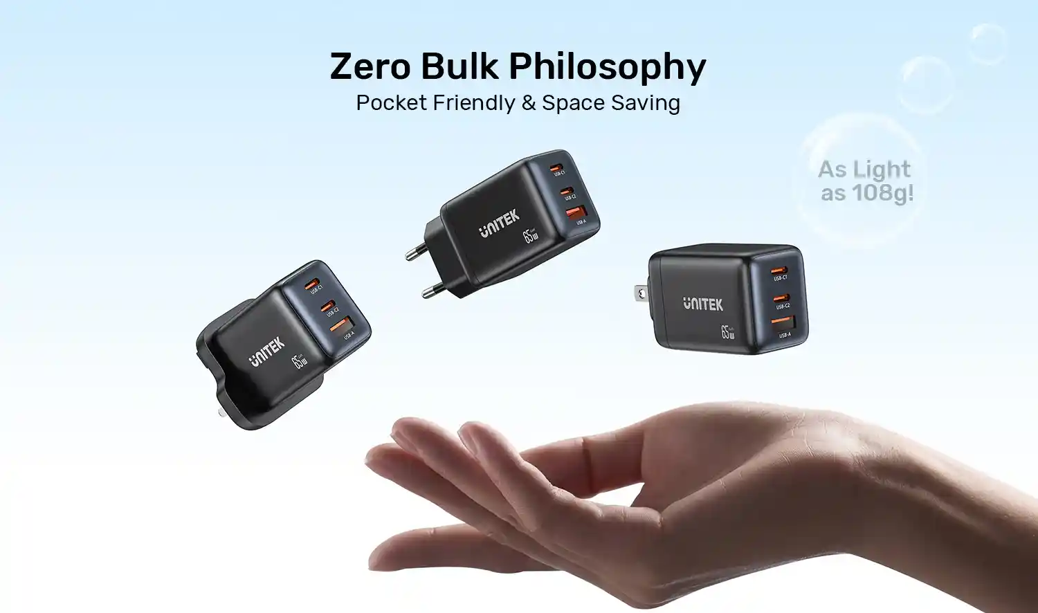 UNITEK P1130ABK01 ZENO 65W 3-Port GaN Wall Charger