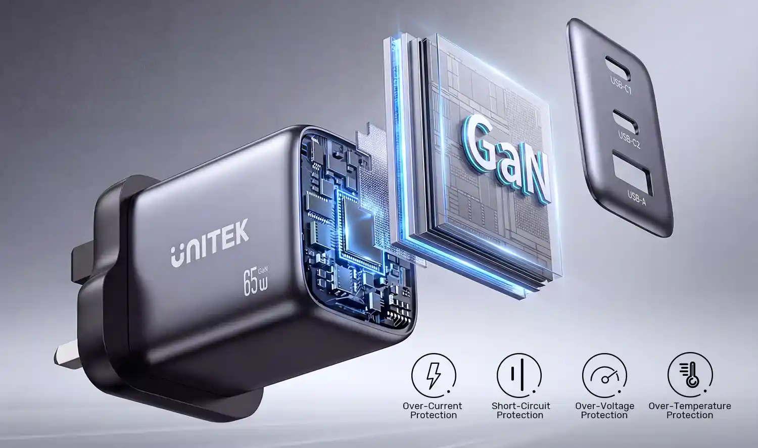 UNITEK P1130ABK01 ZENO 65W 3-Port GaN Wall Charger