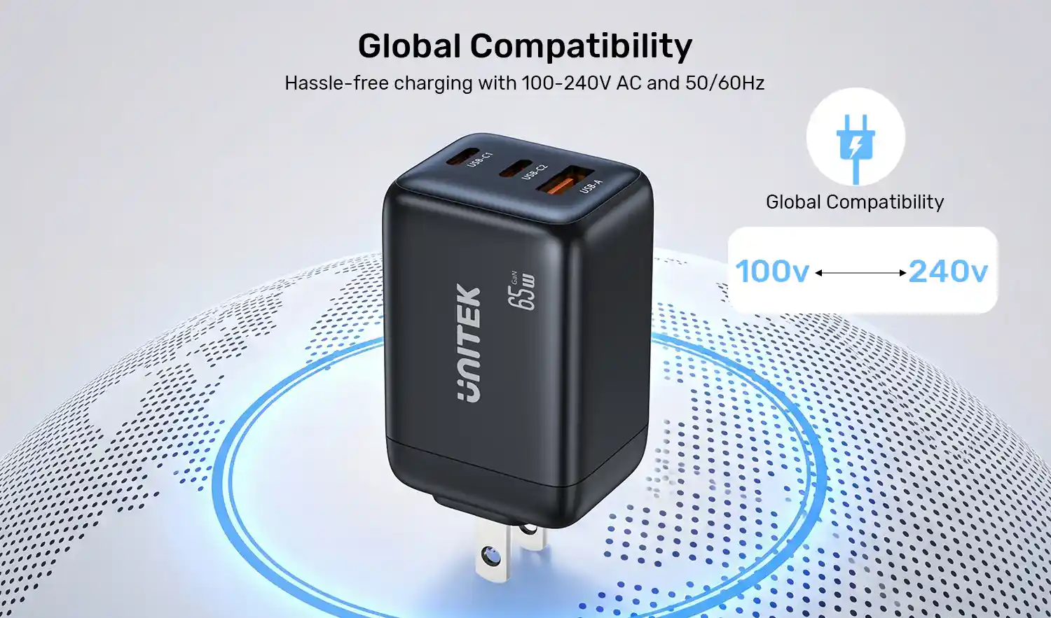 UNITEK P1130ABK01 ZENO 65W 3-Port GaN Wall Charger