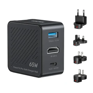 UNITEK P1242ABK01 TRAVEL TRI PRO 65W 3-IN-1 GAN CHARGER HUB 4K@60HZ (1XHDMI, 1XUSB-A, 1XUSB-C )