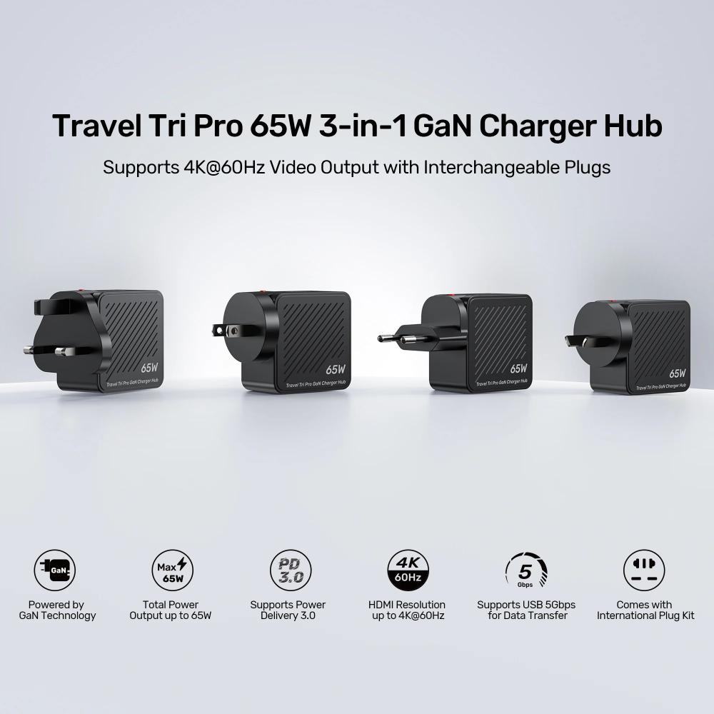 UNITEK P1242ABK01 TRAVEL TRI PRO 65W 3-IN-1 GAN CHARGER 05 - One Chip Computers Unitek P1242ABK01 Travel Tri Pro 65W 3-in-1 GaN Charger Hub