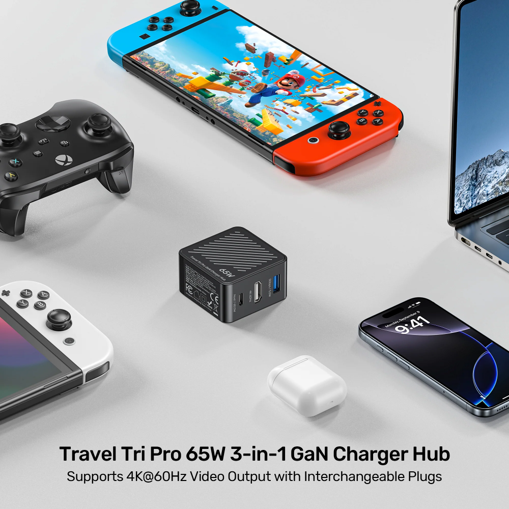 UNITEK P1242ABK01 TRAVEL TRI PRO 65W 3-IN-1 GAN CHARGER 06 - One Chip Computers Unitek P1242ABK01 Travel Tri Pro 65W 3-in-1 GaN Charger Hub