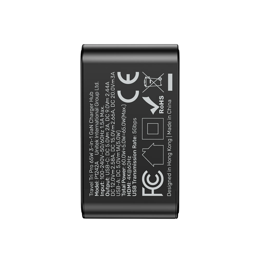 UNITEK P1242ABK01 TRAVEL TRI PRO 65W 3-IN-1 GAN CHARGER 20 - One Chip Computers Unitek P1242ABK01 Travel Tri Pro 65W 3-in-1 GaN Charger Hub