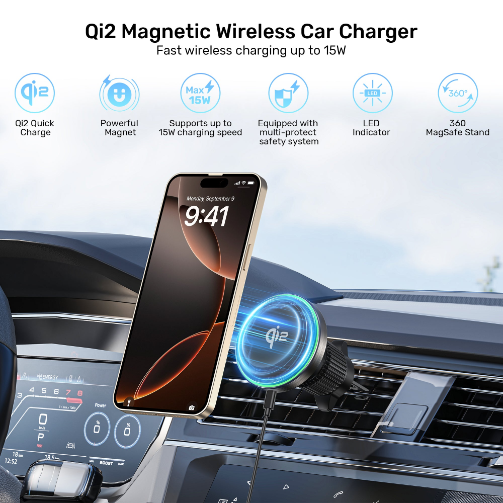 UNITEK P1404ABK01 Qi2 MAGNETIC WIRELESS CAR AIR VENTS CHARGER 15W03 - One Chip Computers Unitek P1404ABK01 Qi2 Magnetic Wireless Car Air Vent Charger