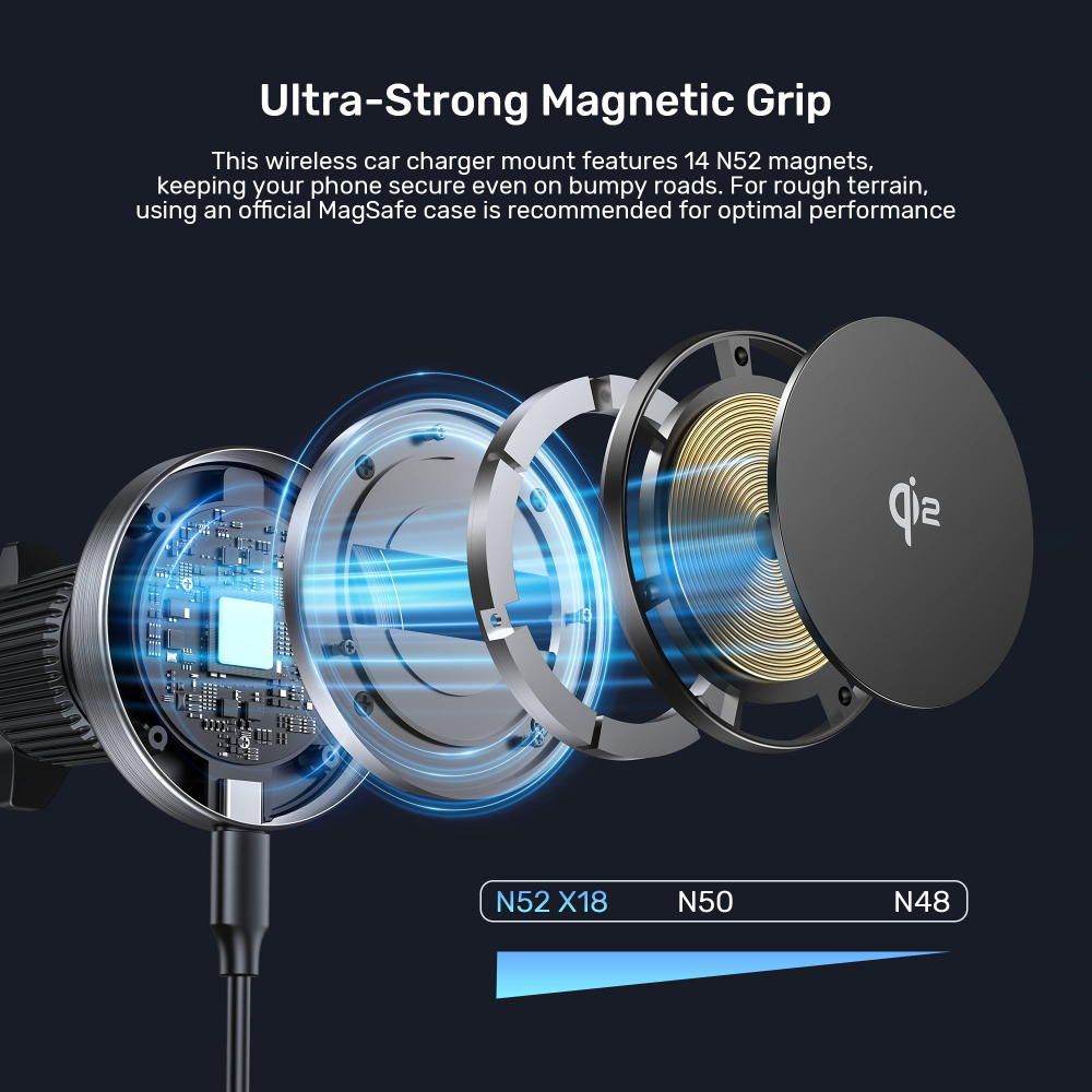UNITEK P1404ABK01 Qi2 MAGNETIC WIRELESS CAR AIR VENTS CHARGER 15W05 - One Chip Computers Unitek P1404ABK01 Qi2 Magnetic Wireless Car Air Vent Charger